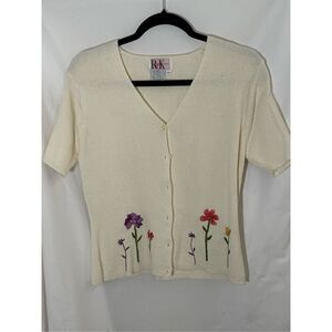R & K Women's Cream Floral Embroidered Short Sleeve Cardigan Sweater Size 12